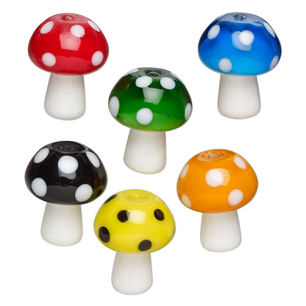 Bead assortment, lampworked glass, opaque mixed colors and white, 19x14.5mm mushroom. Sold per pkg of 6. image number 0