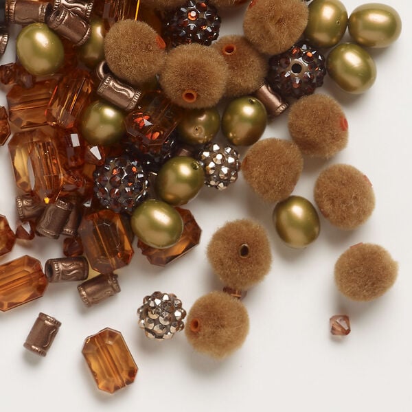 Bead mix 1pkg1, acrylic and fabric, brown / dark brown / tan, 6mm-15x14mm mixed shapes, 58 grams. image number 0