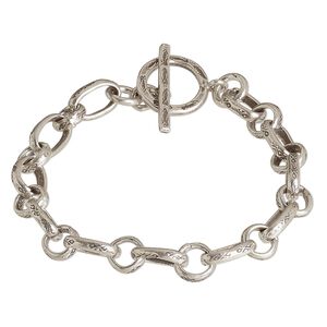 Bracelet, Hill Tribes, antiqued sterling silver, 7mm engraved stamped long and short oval, 6-1/2 inches with toggle clasp. Sold individually.