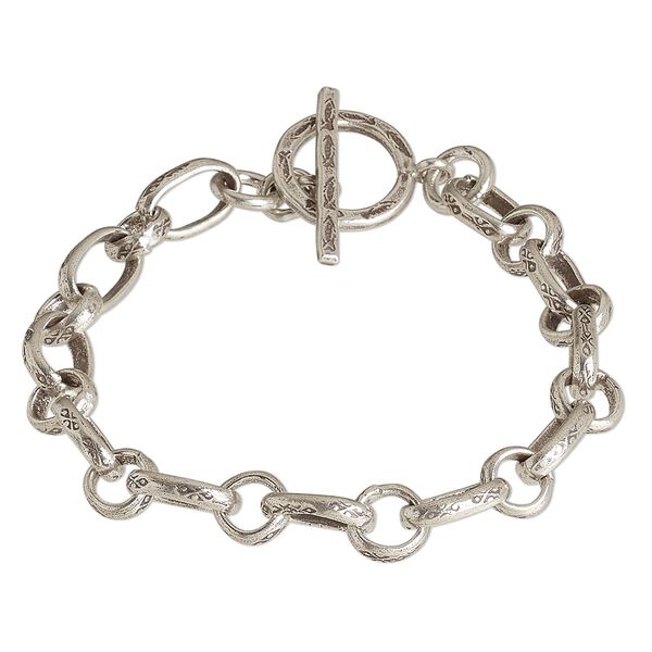 Bracelet, Hill Tribes, antiqued sterling silver, 7mm engraved stamped long and short oval, 6-1/2 inches with toggle clasp. Sold individually. image number 0
