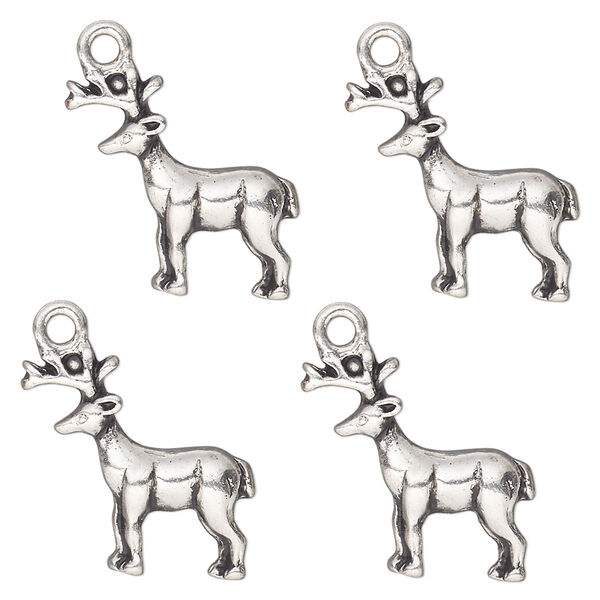 Charm, antique silver-finished "pewter" (zinc-based alloy) , 20x17mm single-sided deer. Sold per pkg of 4. image number 0