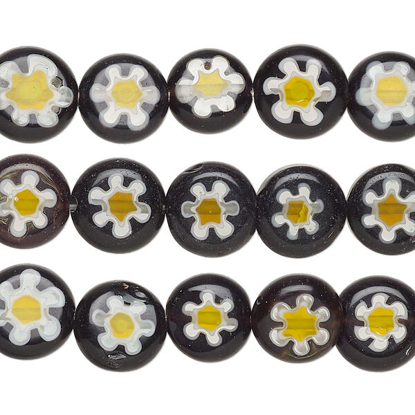 Bead mix, millefiori glass, black, yellow, white and clear, 9-10mm puffed flat round with flower design. Sold per pkg of (3) 14-inch strands. image number 0