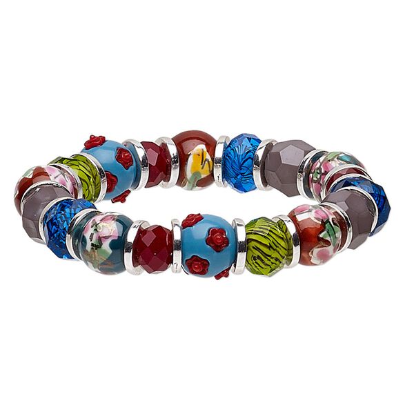 Bracelet, stretch, acrylic / glass / porcelain / silver-plated "pewter" (zinc-based alloy), multicolored, 13mm wide, 6 inches. Sold individually. image number 0