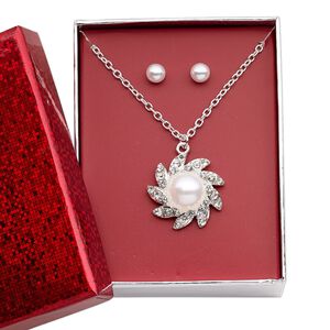 Necklace and earring set, acrylic pearl / glass rhinestone / silver-finished brass / steel / "pewter" (zinc-based alloy), white and clear, 24.5x24mm flower, 15" to 16" necklace with 3-inch extender chain and lobster claw clasp, 6mm round with post. Sold per set.