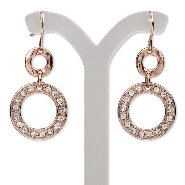 Earring, glass rhinestone with copper-finished brass and "pewter" (zinc-based alloy), clear, 44mm with double circle and fishhook ear wire. Sold per pair. image number 0
