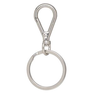 Key ring, imitation rhodium-finished brass and steel, 64x30mm overall with 27.5x17.5mm self-closing teardrop on a swivel with 30mm split ring. Sold per pkg of 5.