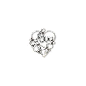 Charm, antiqued sterling silver, 14x13mm single-sided heart with "Love." Sold individually.