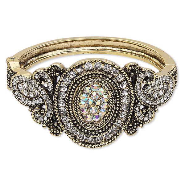 Bracelet, hinged bangle, glass rhinestone / antique gold-finished steel / "pewter" (zinc-based alloy), clear and clear AB, 41mm wide with oval and loop design, 6 inches. Sold individually. image number 0