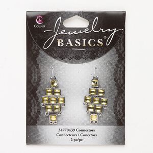 Brass / steel / acrylic rhinestone 1pkg2, focal silver-finished / yellow 36x17mm