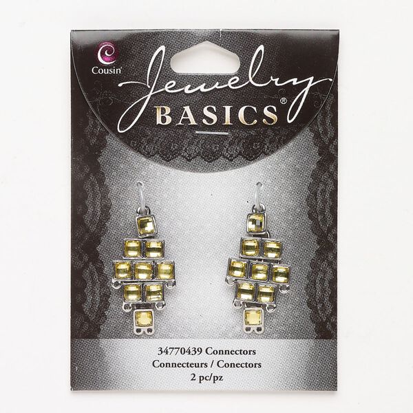 Brass / steel / acrylic rhinestone 1pkg2, focal silver-finished / yellow 36x17mm image number 0