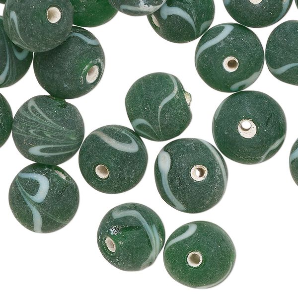 Bead, lampworked glass, opaque dark green and white, 10mm round with swirl design. Sold per 2-ounce pkg, approximately 40 beads. image number 0