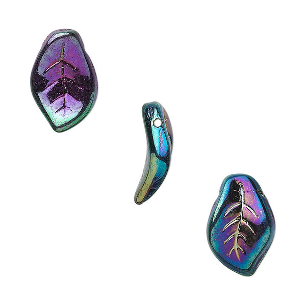 Bead, Czech pressed glass, iris purple, 14x9mm top-drilled leaf. Sold per 15-1/2" to 16" strand, approximately 60 beads. image number 0