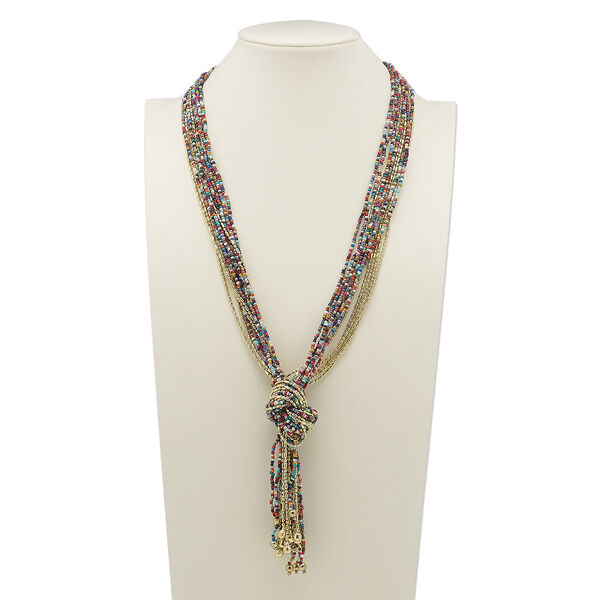 Necklace, 11-strand, glass and gold-finished steel, multicolored, 30 inches with knot. Sold individually. image number 0