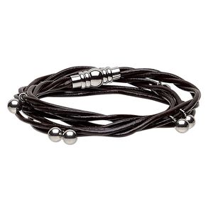 Bracelet, 3-strand wrap, leather (dyed) and stainless steel, dark brown, 10mm wide with 6mm round and twisted design, 6-1/2 inches with magnetic clasp. Sold individually.