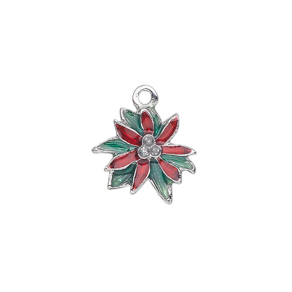 Charm, silver-plated "pewter" (zinc-based alloy) and enamel, green and red, 16x15mm single-sided poinsettia with glitter center. Sold individually. image number 0