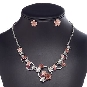 Necklace and earring set, enamel / glass rhinestone / imitation rhodium-finished steel / brass / "pewter" (zinc-based alloy), red / pink / dark pink, flower, 18-inch necklace with 2-inch extender chain and lobster claw clasp, 14mm flower with post. Sold per set.