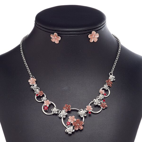 Necklace and earring set, enamel / glass rhinestone / imitation rhodium-finished steel / brass / "pewter" (zinc-based alloy), red / pink / dark pink, flower, 18-inch necklace with 2-inch extender chain and lobster claw clasp, 14mm flower with post. Sold per set. image number 0