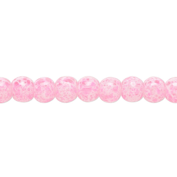 Bead, glass, opaque light pink / white / clear, 5-6mm round with random spotted pattern. Sold per 15-1/2" to 16" strand. image number 0