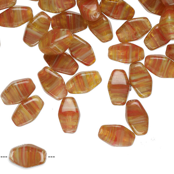 Bead, Czech pressed glass, translucent orange / yellow / pink / white, 9x6mm double cone with swirl design. Sold per 2-ounce pkg, approximately 140 beads. image number 0