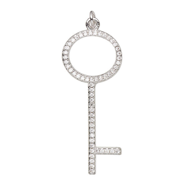Focal, cubic zirconia and imitation rhodium-plated brass, clear, 34x14mm single-sided key. Sold individually. image number 0