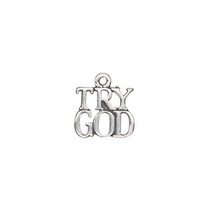 Drop, antiqued sterling silver, 13x10mm single-sided "TRY GOD." Sold individually.