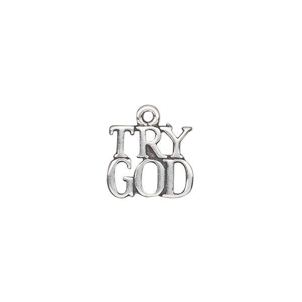 Drop, antiqued sterling silver, 13x10mm single-sided "TRY GOD." Sold individually. image number 0