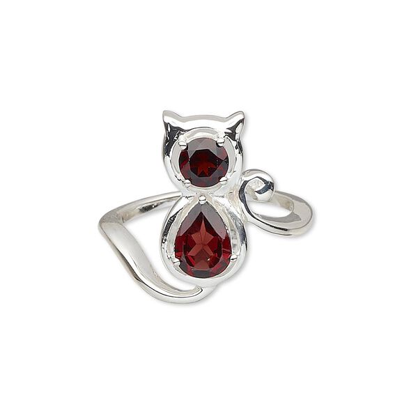 Ring, garnet (natural) and silver-plated sterling silver, 18x8mm cat with 8x6mm faceted pear and 5mm faceted round, size 8. Sold individually. image number 0