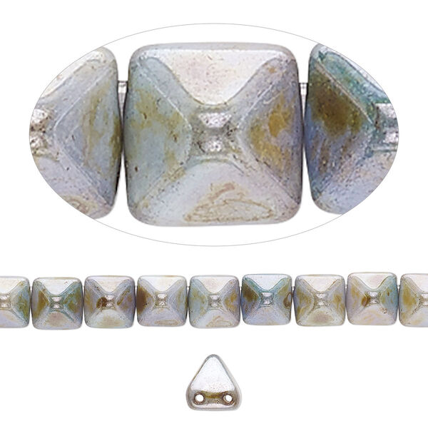 Spacer, Preciosa, Czech pressed glass, marbled opaque green and brown luster, 6x6x7mm 2-strand pyramid, fits up to 3mm bead. Sold per 8-inch strand, approximately 30 spacers. image number 0