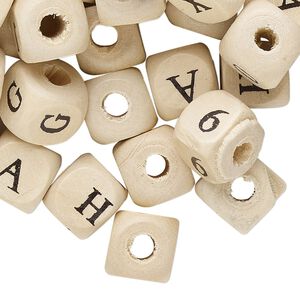 Bead mix, wood (coated), natural and black, 10mm rounded cube with mixed alphabet letters A-Z / numbers 0-9 / symbols and 2.7mm hole. Sold per pkg of 200.