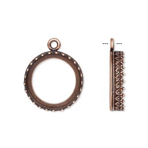 Drop, JBB Findings, antique copper-plated brass, 18mm round with open back and decorative trim, 16mm round bezel setting. Sold per pkg of 2.