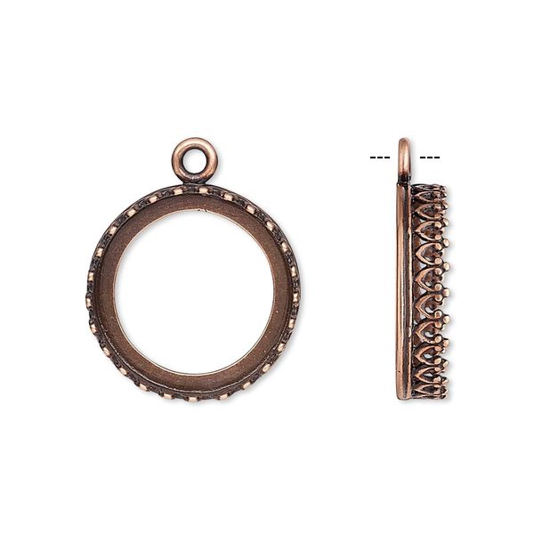 Drop, JBB Findings, antique copper-plated brass, 18mm round with open back and decorative trim, 16mm round bezel setting. Sold per pkg of 2. image number 0