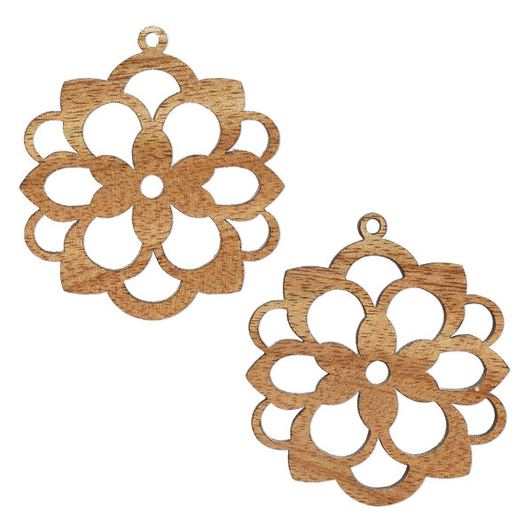 Focal, mango wood (coated), 50x49.5mm double-sided laser-cut flower with cutouts. Sold per pkg of 2. image number 0