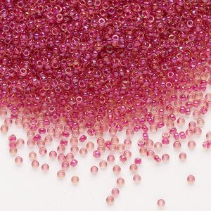 Seed bead, Miyuki, glass, pkg/250g, #15 rocaille, translucent light cranberry-lined luster topaz (RR-363).
