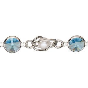 Chain, VINTAGE Crystal™, imitation rhodium-plated brass and crystal, aquamarine and white, 9mm round pearl and rivoli link. Sold per pkg of 1 meter.