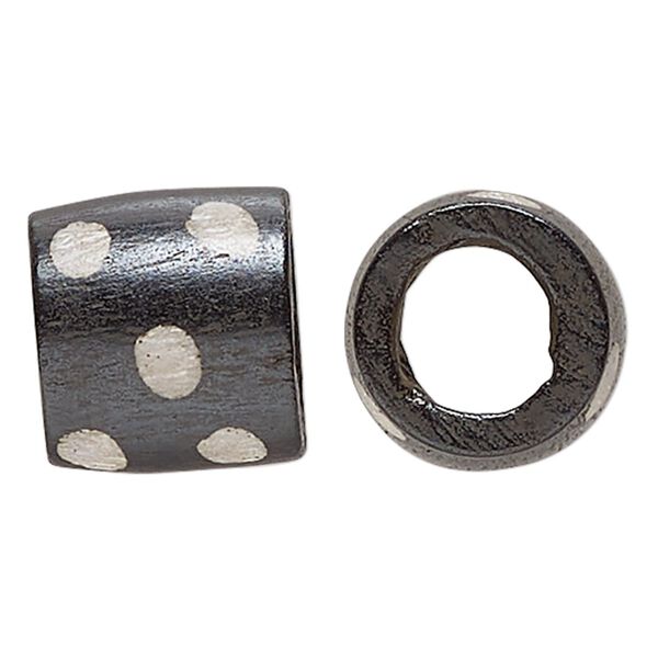 Bead, bone (dyed), black and white, 18x17mm-17x15mm hand-painted barrel with dot design. Sold per pkg of 4. image number 0