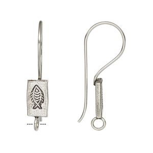 Ear wire fishhook 1pkg2 Hill Tribes fine silver, 27mm / rectangle stamped fish design / closed loop, 21 gauge antiqued 1 pair