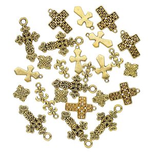 Bead and drop, antique gold-finished "pewter" (zinc-based alloy), 12x9mm-26x17mm single- and double-sided assorted cross. Sold per pkg of 25.