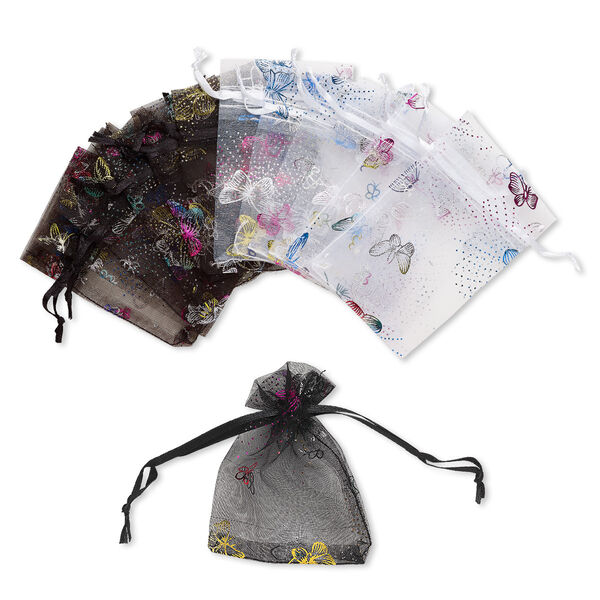 Pouch, organza, black / white / multicolored, 4 x 2-1/2 inches with butterfly pattern and drawstring. Sold per pkg of 12. image number 0
