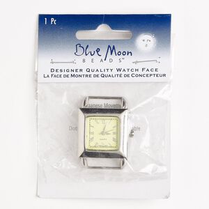 Watch face, glass / stainless steel / nickel-finished "pewter" (zinc-based alloy), green, 26mm square with dial and 2 end bars. Sold individually.