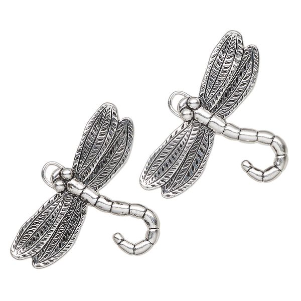 Focal, antique silver-finished "pewter" (zinc-based alloy), 39x26mm single-sided dragonfly. Sold per pkg of 2. image number 0