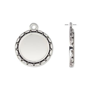 Drop, antique silver-finished "pewter" (zinc-based alloy), 19mm round with oval edge and 14mm round setting. Sold per pkg of 6.