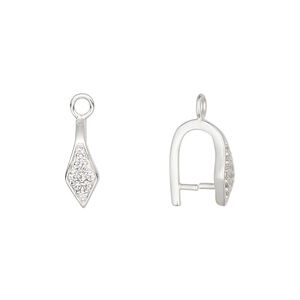 Bail, ice-pick, sterling silver and cubic zirconia, clear, 12x5mm diamond 7mm grip length. Sold individually.
