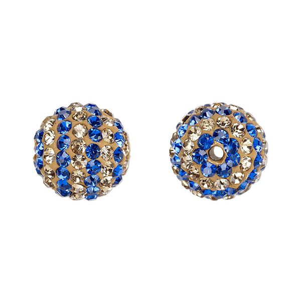 Bead, Egyptian glass rhinestone / epoxy / resin, champagne and cobalt, 14mm round with pavé striped design. Sold individually. image number 0