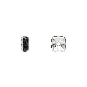 Bead, glass rhinestone and silver-plated brass, black, 6x3mm squaredelle. Sold per pkg of 10.