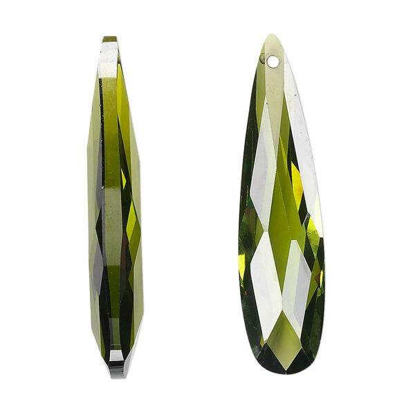 Focal, cubic zirconia, olive green, 36x9mm faceted teardrop, Mohs hardness 8-1/2. Sold per pkg of 2. image number 0