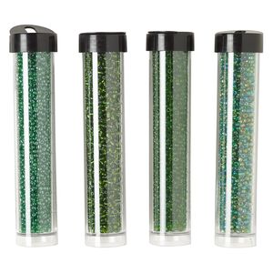 Seed bead assortment, Ming Tree™, glass, pkg/(4) 4 x 3/4 inch vials, #11 round, translucent and transparent silver-lined rainbow emerald green.