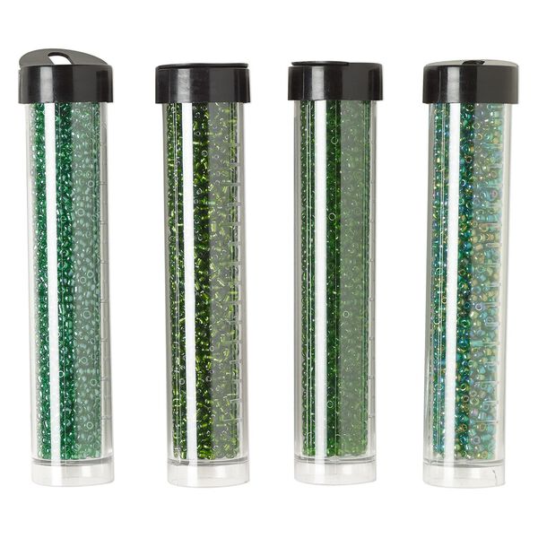 Seed bead assortment, Ming Tree™, glass, pkg/(4) 4 x 3/4 inch vials, #11 round, translucent and transparent silver-lined rainbow emerald green. image number 0