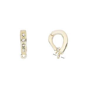 Bail, Czech glass rhinestone and gold-plated brass, clear, 12x3mm single-sided hinged oval with closed loop, 6mm grip length. Sold per pkg of 2.