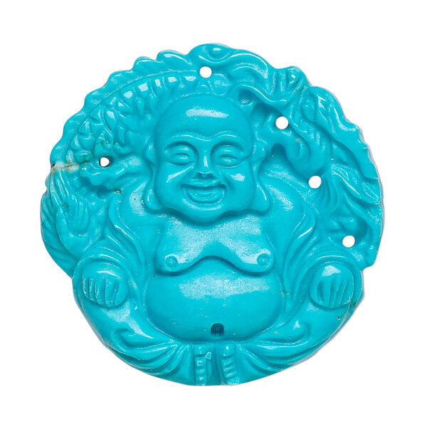 Focal, magnesite (dyed / stabilized), blue, 36mm hand-cut round with carved Buddha, B grade, Mohs hardness 3-1/2 to 4. Sold individually. image number 0