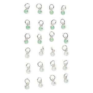 Drop mix, plastic / silver-finished steel / silver-finished brass, milky white and green, 5mm faceted round with 6mm jump ring. Sold per 24-piece set.